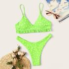 Romwe Neon Green Polka Dot Frill Top With High Leg Bikini