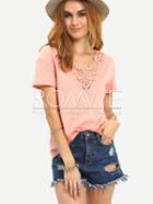 Romwe Pink Crochet V Neck Short Sleeve T-shirt