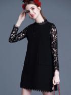 Romwe Black Round Neck Long Sleeve Two Pieces Lace Dress