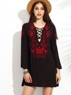 Romwe Black Bell Sleeve Embroidered Lace Up Dress