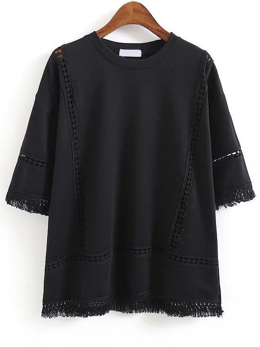 Romwe Fringe Hollow Out Black T-shirt
