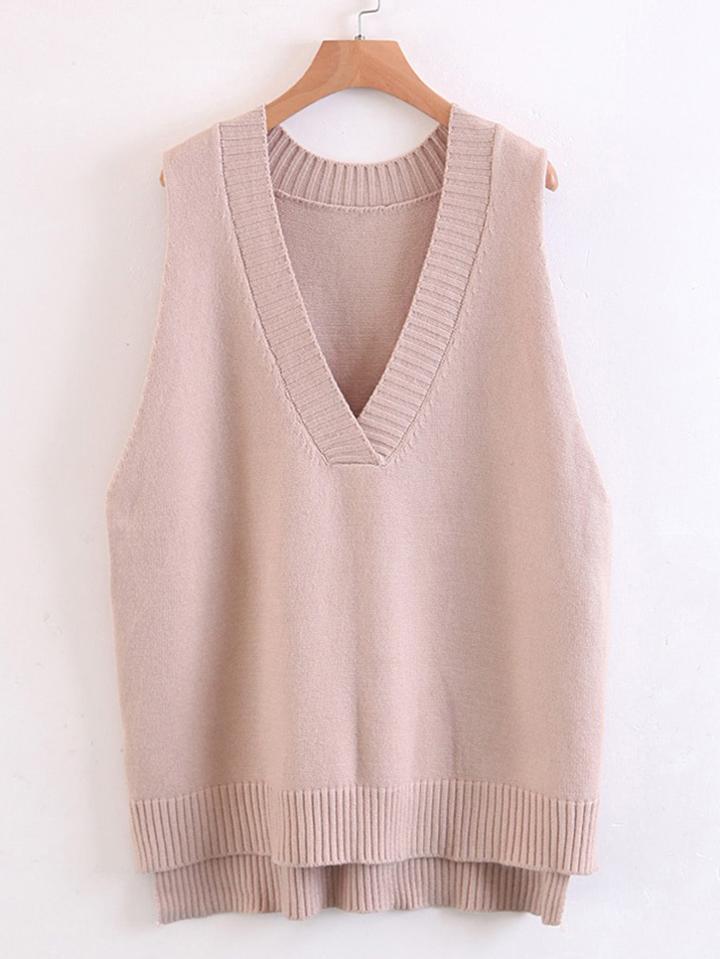 Romwe V Neckline High Low Ribbed Knit Vest