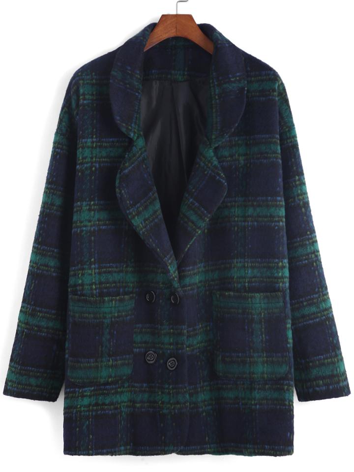 Romwe Lapel Plaid Pockets Double Breasted Woolen Coat