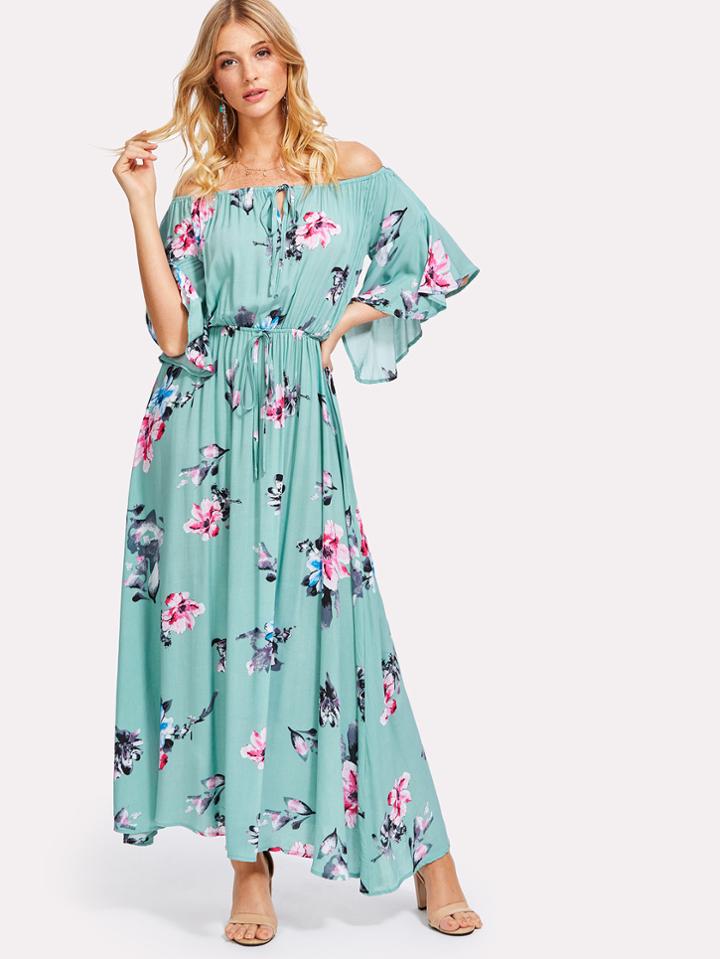 Romwe Flower Print Drawstring Waist Bardot Dress