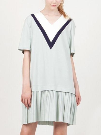 Romwe Color Panel V-neck Pleated Chiffon Trimmed Dress - Mint Green