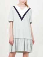 Romwe Color Panel V-neck Pleated Chiffon Trimmed Dress - Mint Green
