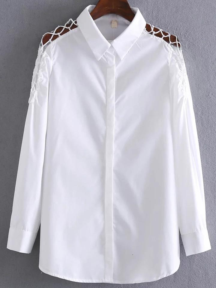 Romwe White Lace Up Shoulder Button Blouse