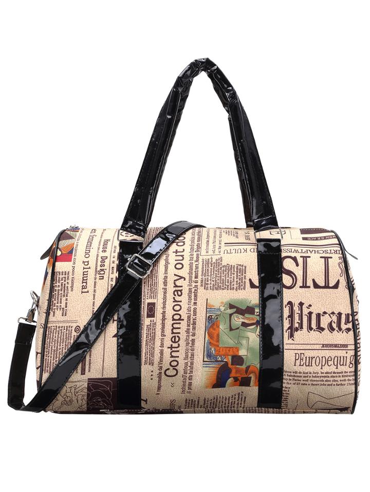 Romwe Faux Leather Newspaper Print Boston Bag