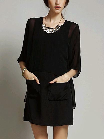 Romwe Elbow Sleeve Pockets Chiffon Black Dress
