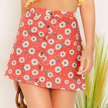 Romwe Single Breasted Daisy Flower Print Skirt