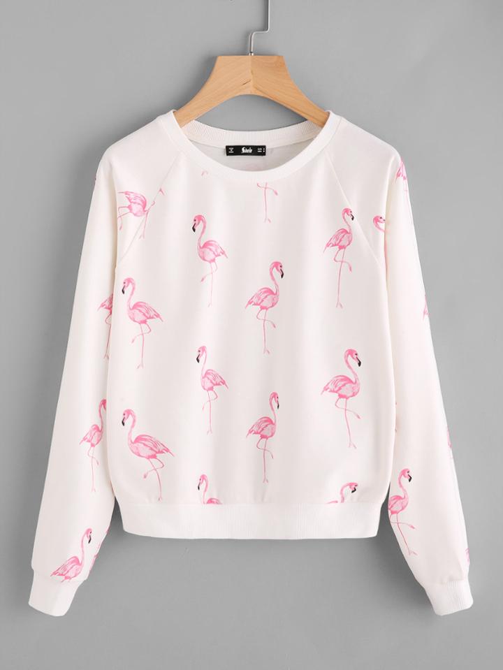 Romwe Allover Flamingo Print Raglan Sleeve Sweatshirt