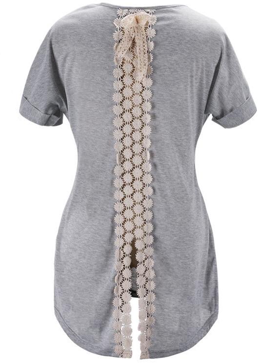 Romwe Contrast Lace Bow Slit Hollow Grey T-shirt