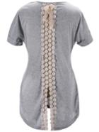 Romwe Contrast Lace Bow Slit Hollow Grey T-shirt