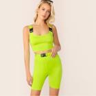 Romwe Neon Lime Buckle Strap Tank And Cycling Shorts Set