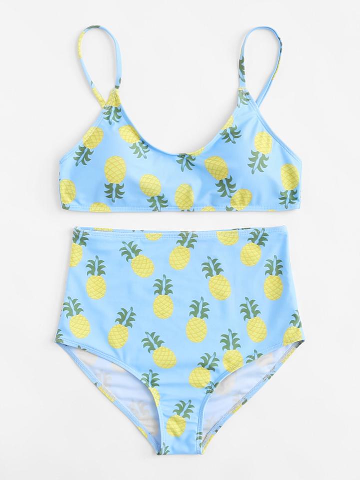 Romwe Pineapple Print High Waist Bikini Set