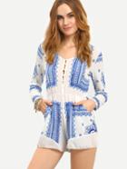 Romwe Buttoned Front Tribal Print Romper - White