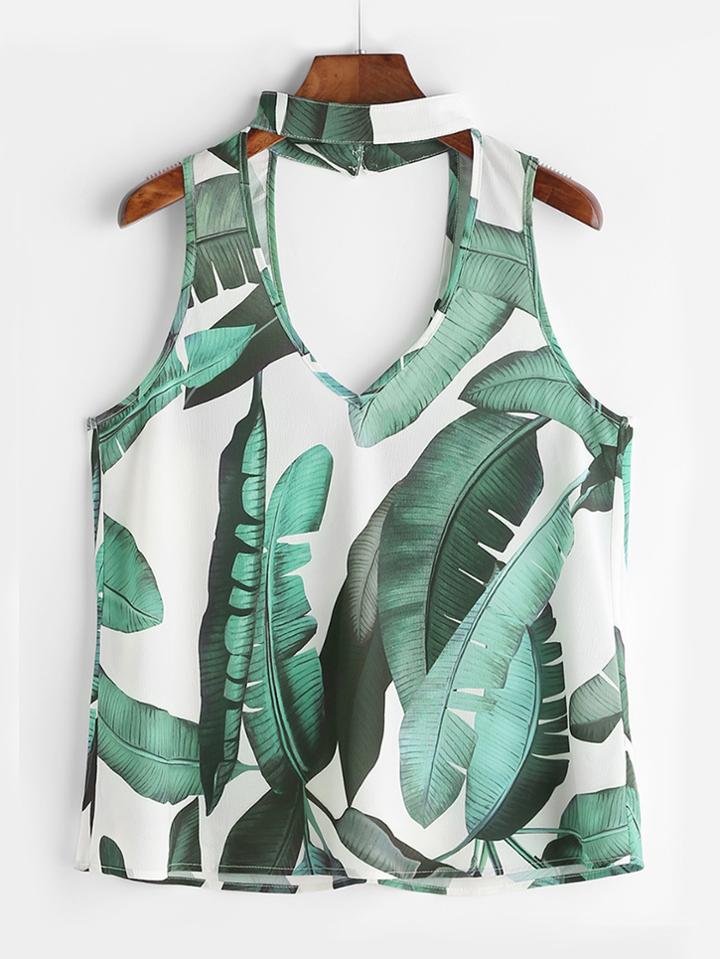 Romwe Tropical Print Double V Choker Neck Top