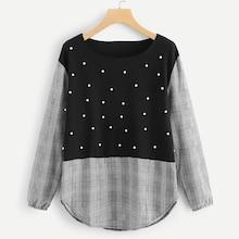 Romwe Plus Beaded Cut And Sew Panel Blouse