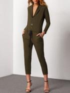 Romwe Deep V Neck Drawstring Slim Jumpsuit With Buttons