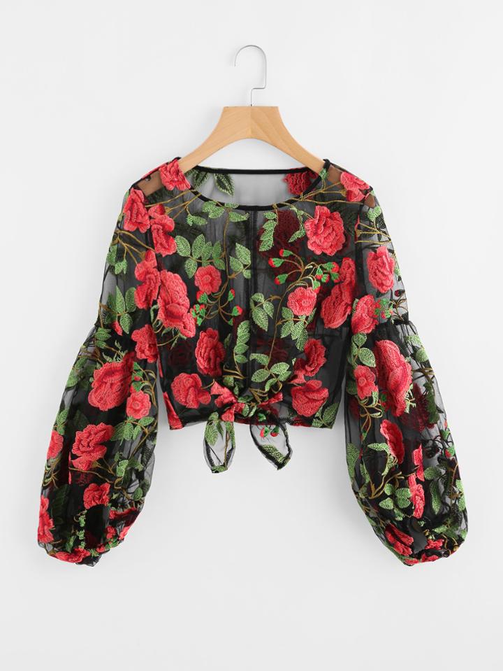 Romwe Knot Front Lantern Sleeve Embroidered Mesh Top