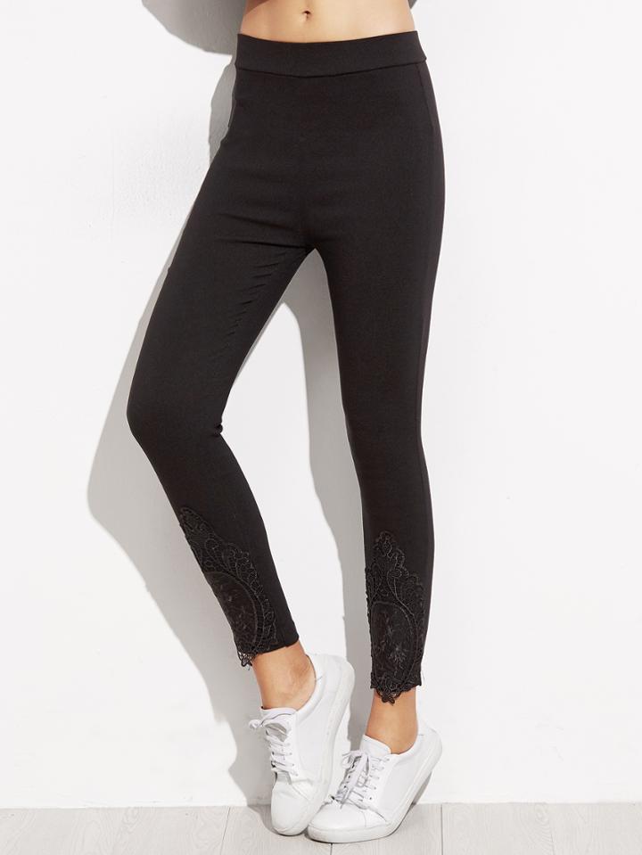 Romwe Black Appliques Hem Leggings