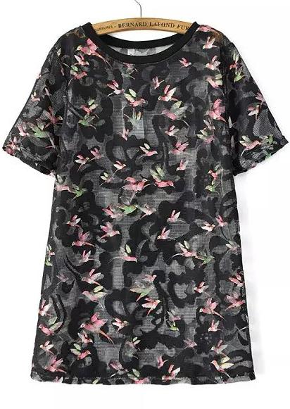 Romwe Bird Print Mesh Shift Black Dress