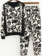 Romwe Black White Long Sleeve Floral Top With Pant