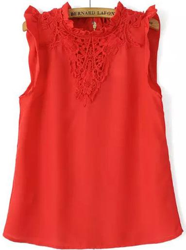 Romwe With Zipper Floral Crochet Red Top