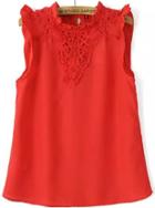 Romwe With Zipper Floral Crochet Red Top