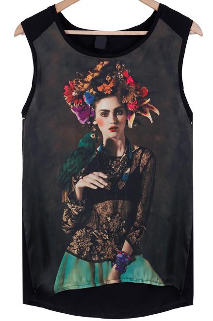 Romwe Dip Hem Beauty Print Tank Top