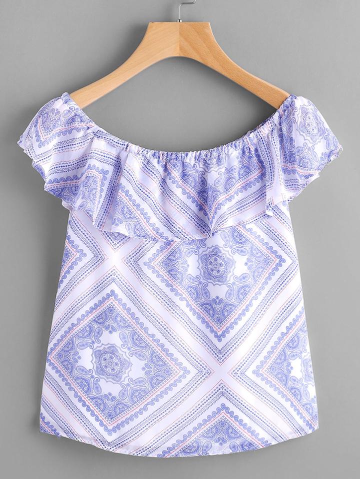 Romwe Flounce Layered Neckline Paisley Print Top