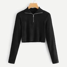 Romwe Quarter Zip Ribbed Crop Tee