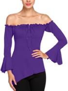 Romwe Off The Shoulder Bell Sleeve Asymmetrical Purple Blouse