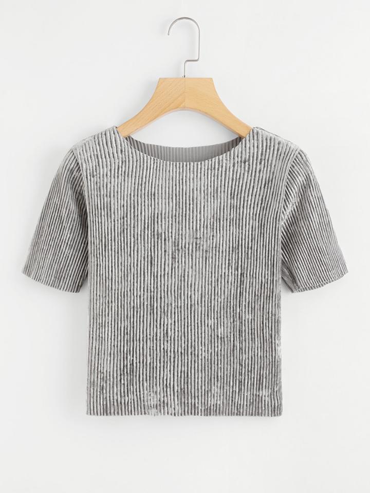 Romwe Velvet Cut Out Back Ribbed Crop Tee