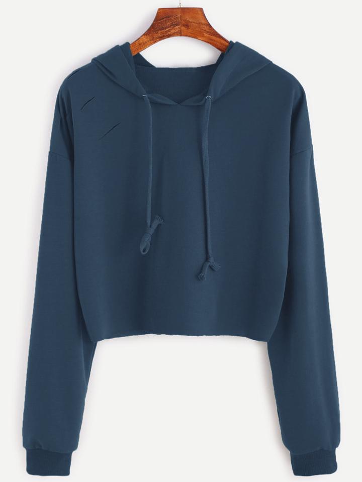 Romwe Drop Shoulder Ripped Hooded Crop Sweatshirt