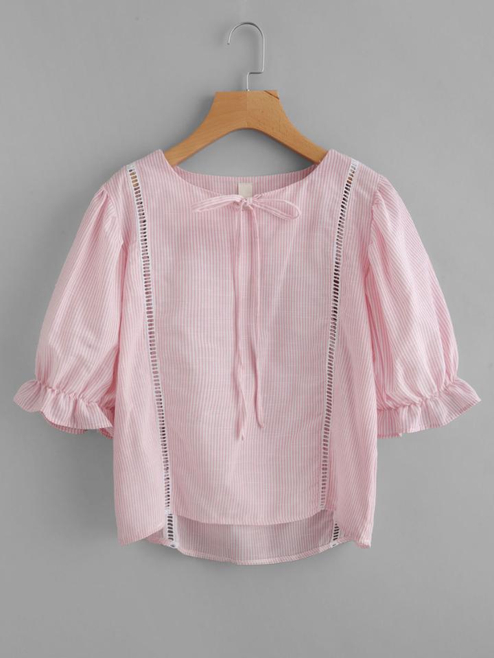 Romwe Self Tie Neck Striped Dip Hem Hollow Blouse