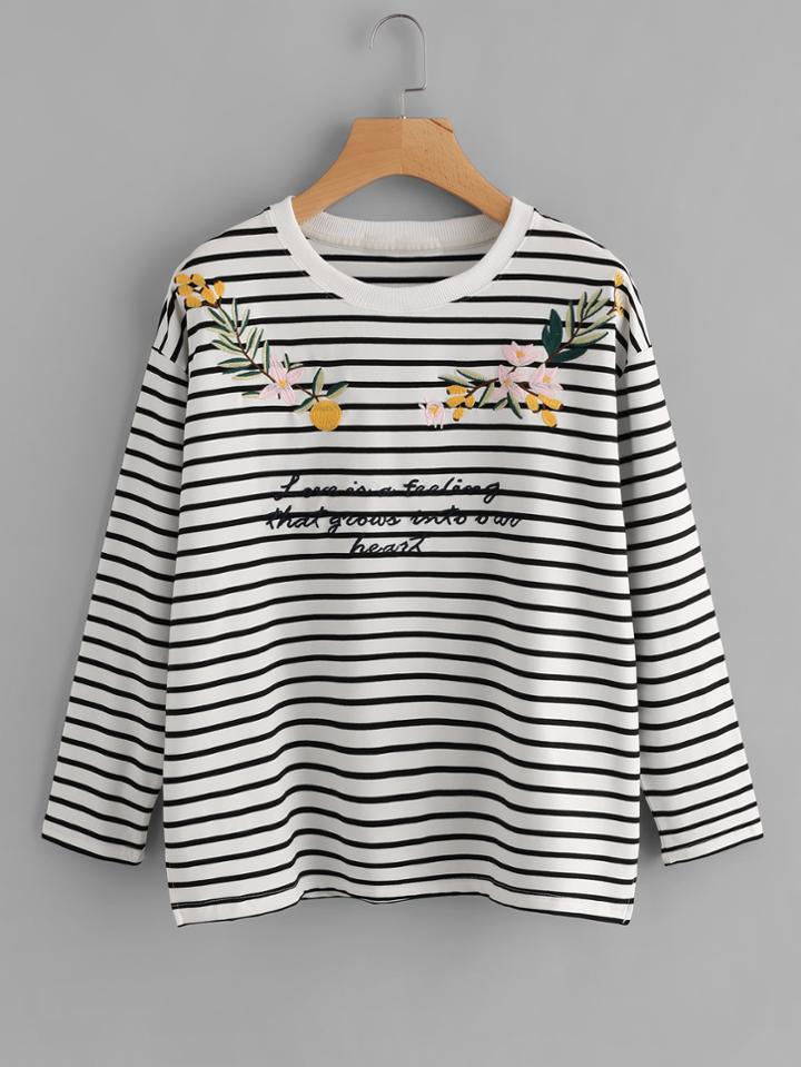 Romwe Drop Shoulder Embroidered Striped Tee
