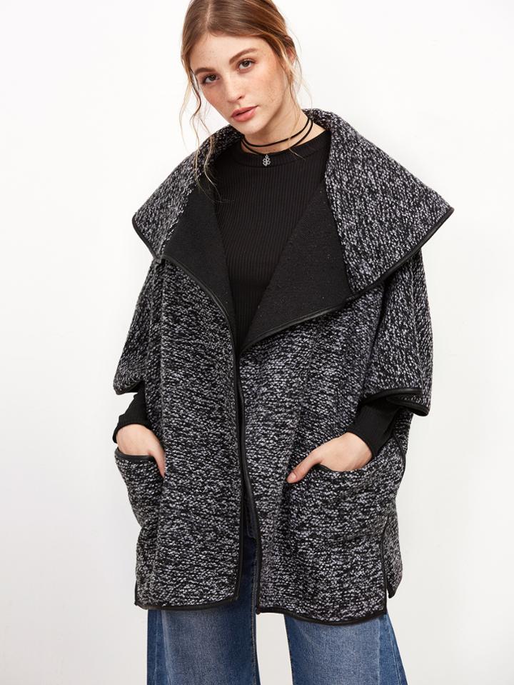Romwe Black Shawl Collar Slit Side Cape Coat