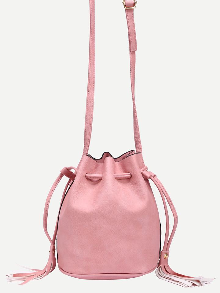 Romwe Tassel Drawstring Bucket Bag - Pink