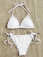 Romwe Scalloped Trim Side Tie Halter Bikini Set