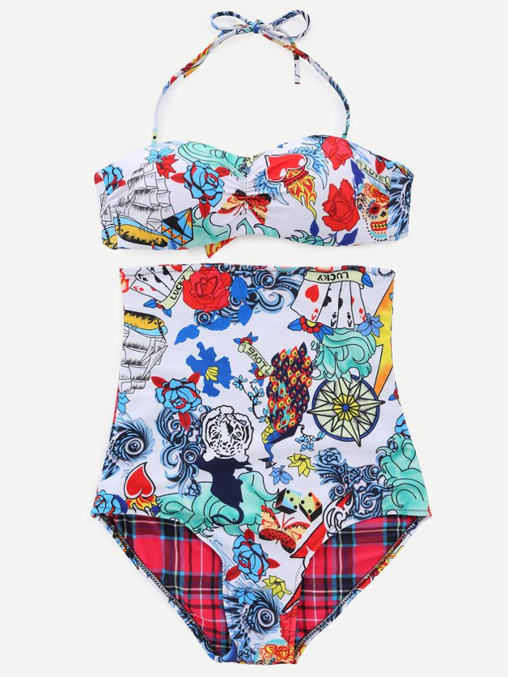 Romwe Multicolor Halter Printed Tie Back Bikini Set