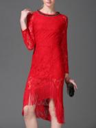 Romwe Red Round Neck Long Sleeve Tassel Lace Dress