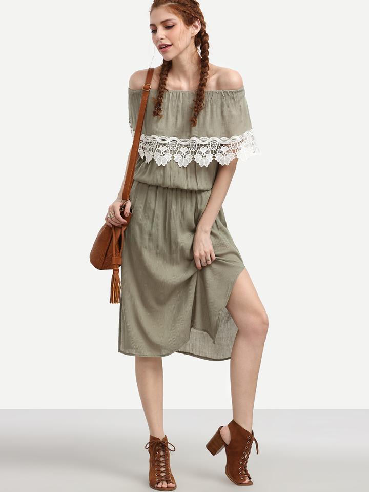 Romwe Olive Green Crochet Trimmed Off The Shoulder Dress