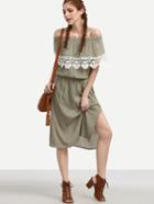 Romwe Olive Green Crochet Trimmed Off The Shoulder Dress