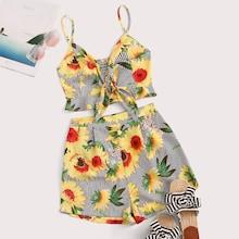 Romwe Sunflower Tie Front Shirred Back Cami Top & Shorts Set