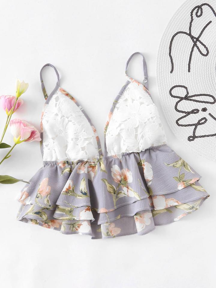 Romwe Contrast Crochet Tiered Frill Hem Cami Top