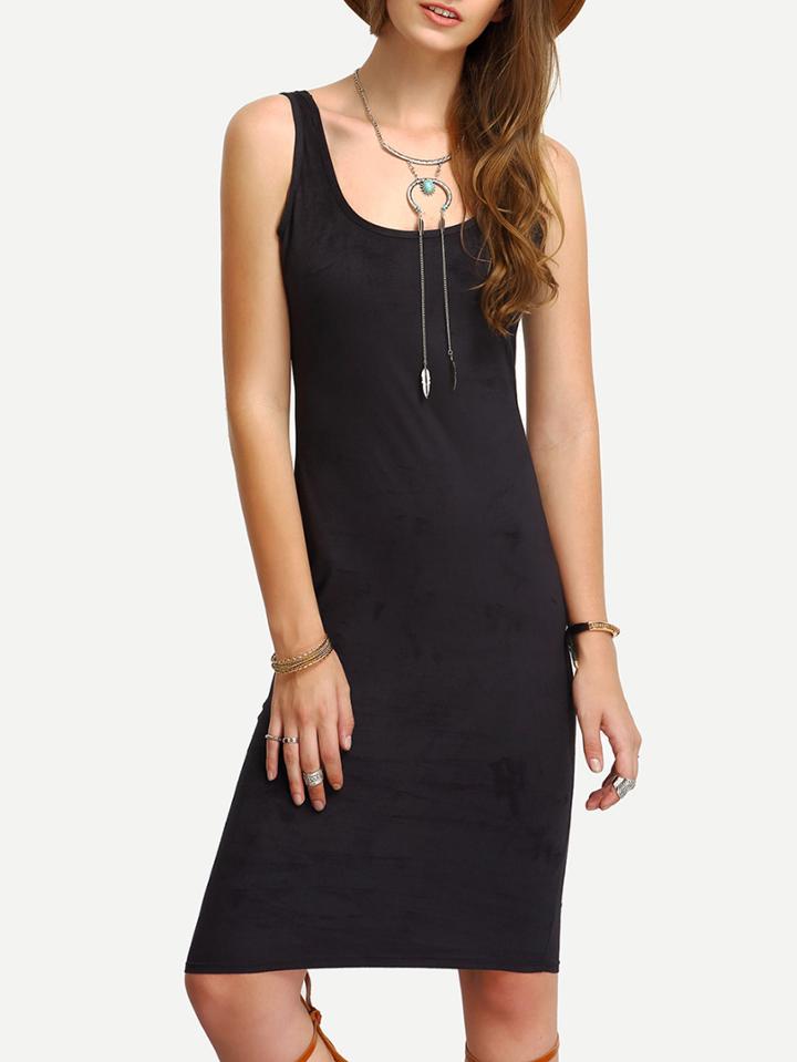 Romwe Black Scoop Neck Pencil Suede Dress