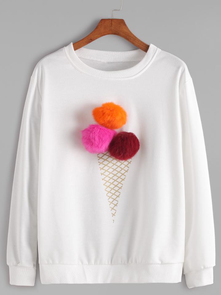 Romwe White Round Neck Pom Pom Sweatshirt