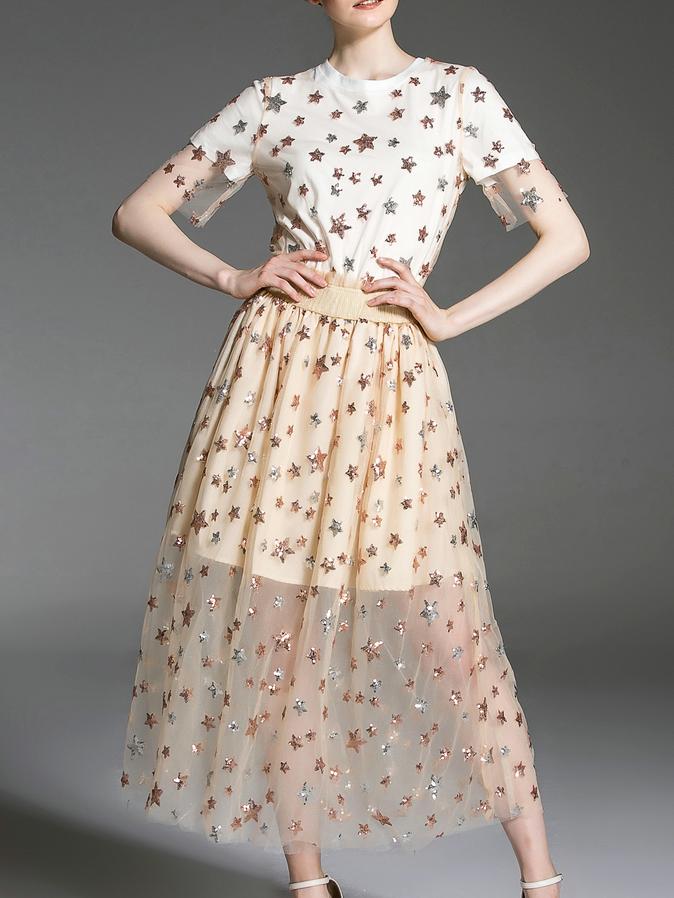 Romwe Beige Stars Sequined Gauze Top With Skirt