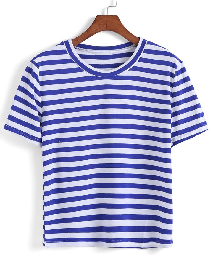 Romwe Round Neck Striped Blue T-shirt